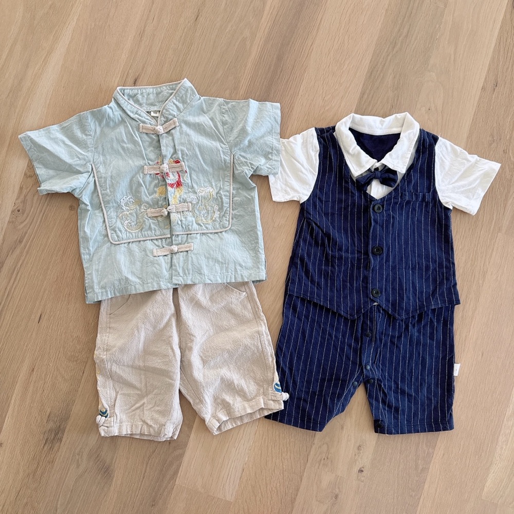 Baby Boy Outfit Bundle – Chinese Style Set & Formal Vest Romper | Summer Dressy